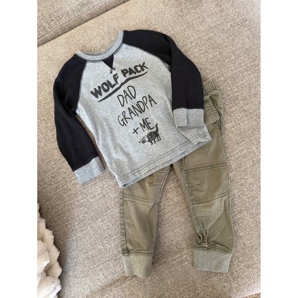 Okie Dokie Wolf Pack Shirt & Cat Jack Olive Joggers Set Boys 2T Raglan Pants